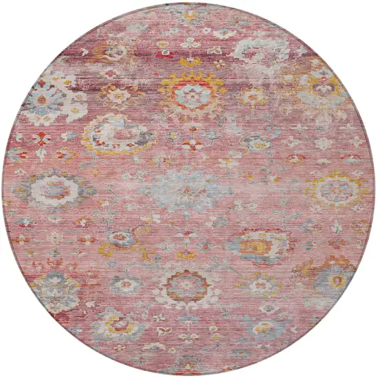 8' Pink Gray And Gold Round Floral Washable Indoor Outdoor Area Rug Photo 6