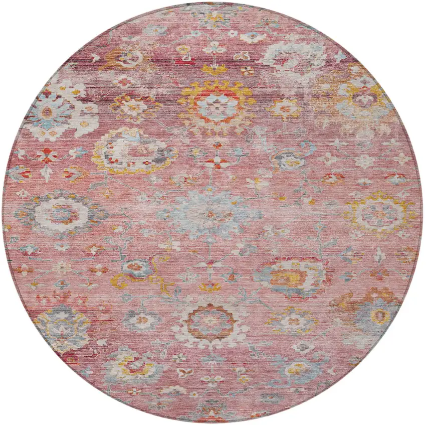 8' Pink Gray And Gold Round Floral Washable Indoor Outdoor Area Rug Photo 6