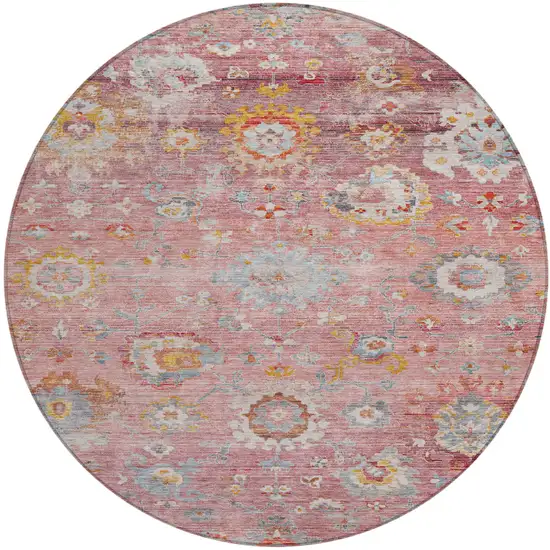 8' Pink Gray And Gold Round Floral Washable Indoor Outdoor Area Rug Photo 2