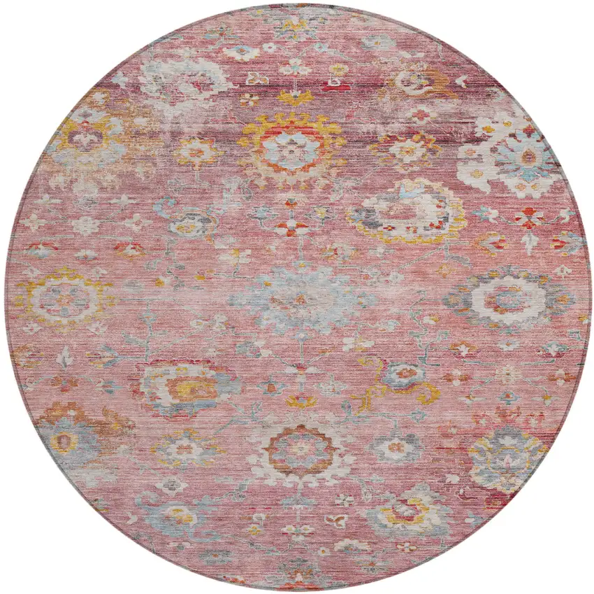 8' Pink Gray And Gold Round Floral Washable Indoor Outdoor Area Rug Photo 2