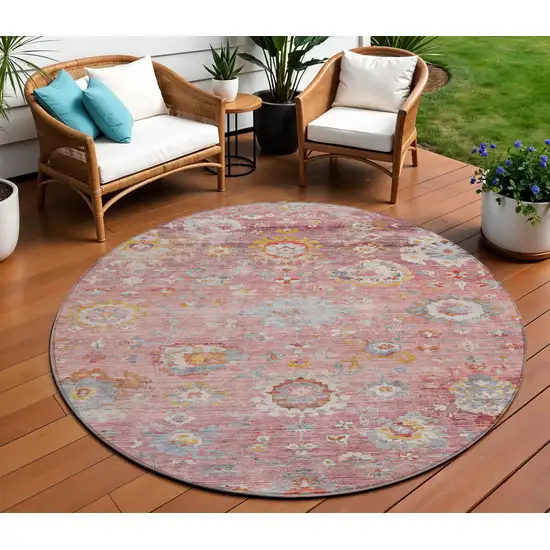 8' Pink Gray And Gold Round Floral Washable Indoor Outdoor Area Rug Photo 1
