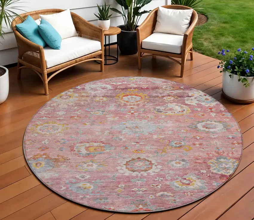 8' Pink Gray And Gold Round Floral Washable Indoor Outdoor Area Rug Photo 1