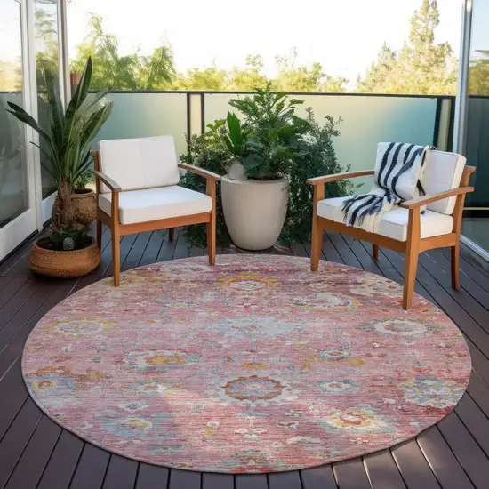 8' Pink Gray And Gold Round Floral Washable Indoor Outdoor Area Rug Photo 7