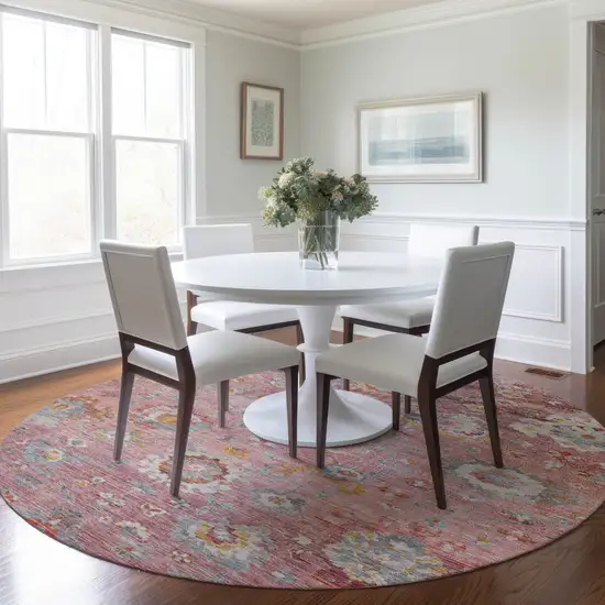 8' Pink Gray And Gold Round Floral Washable Indoor Outdoor Area Rug Photo 8