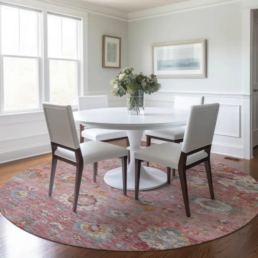 8' Pink Gray And Gold Round Floral Washable Indoor Outdoor Area Rug Photo 8