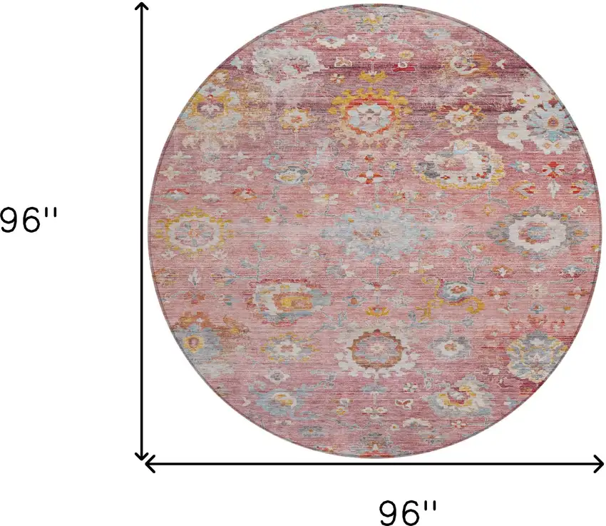 8' Pink Gray And Gold Round Floral Washable Indoor Outdoor Area Rug Photo 9