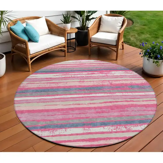 8' Pink Gray And Green Round Striped Washable Indoor Outdoor Area Rug Photo 1