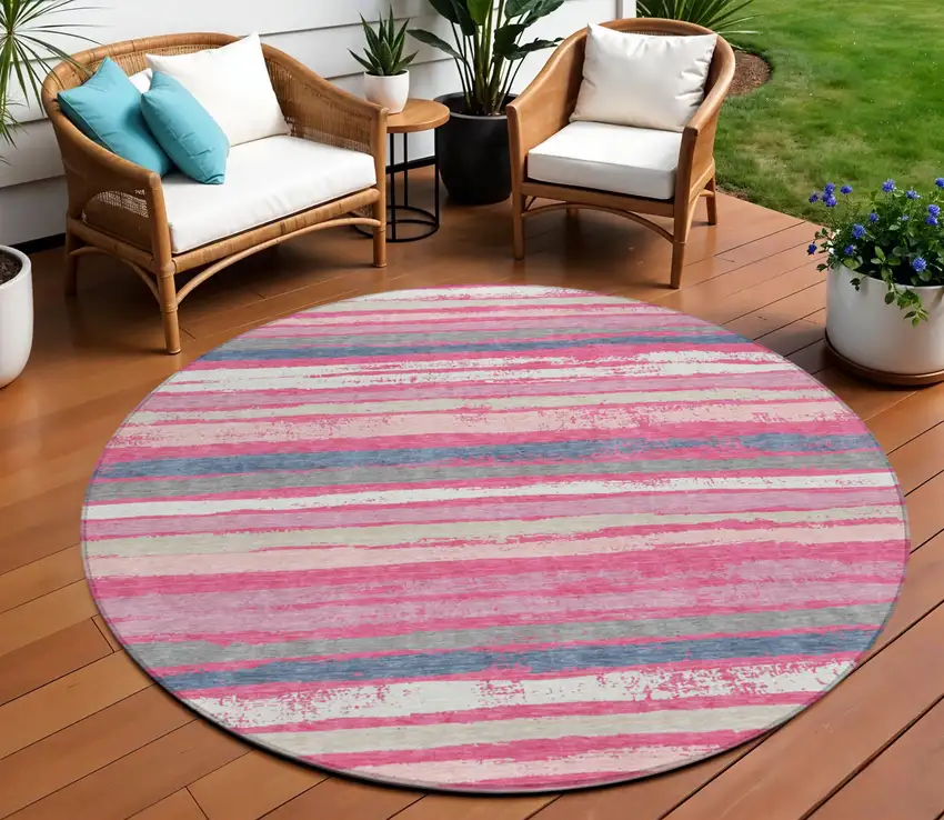 8' Pink Gray And Green Round Striped Washable Indoor Outdoor Area Rug Photo 1