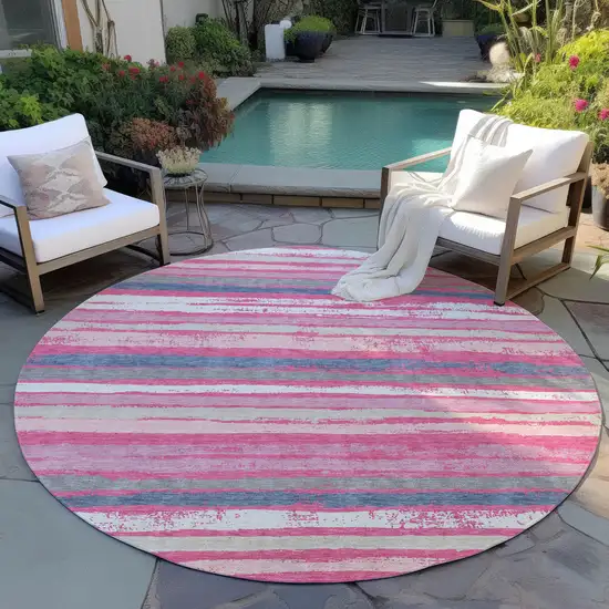 8' Pink Gray And Green Round Striped Washable Indoor Outdoor Area Rug Photo 7