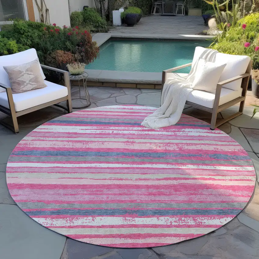 8' Pink Gray And Green Round Striped Washable Indoor Outdoor Area Rug Photo 7
