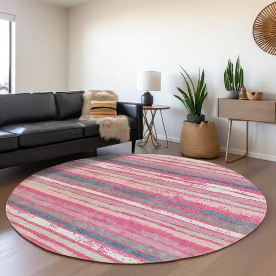 8' Pink Gray And Green Round Striped Washable Indoor Outdoor Area Rug Photo 8
