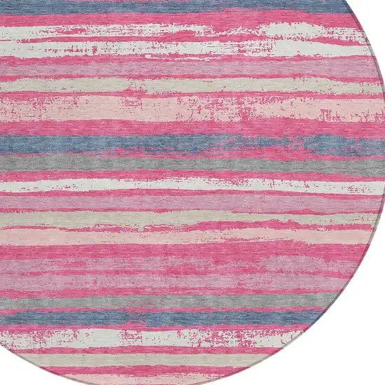 8' Pink Gray And Green Round Striped Washable Indoor Outdoor Area Rug Photo 5