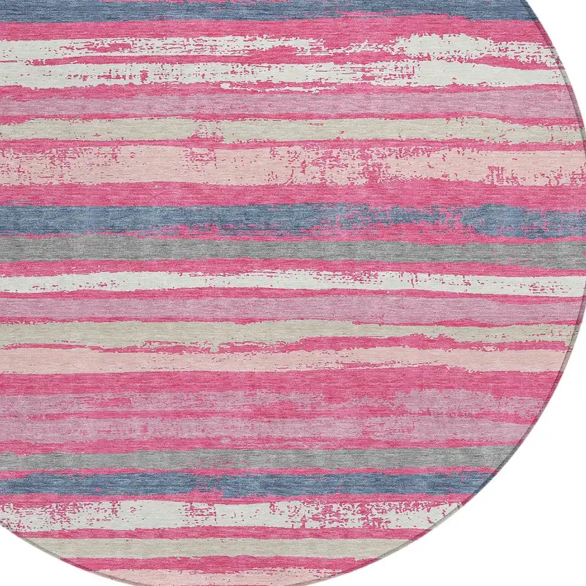 8' Pink Gray And Green Round Striped Washable Indoor Outdoor Area Rug Photo 5
