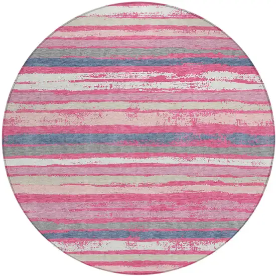8' Pink Gray And Green Round Striped Washable Indoor Outdoor Area Rug Photo 2