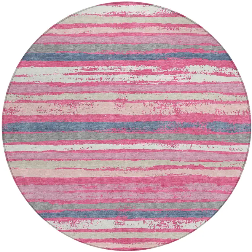 8' Pink Gray And Green Round Striped Washable Indoor Outdoor Area Rug Photo 2