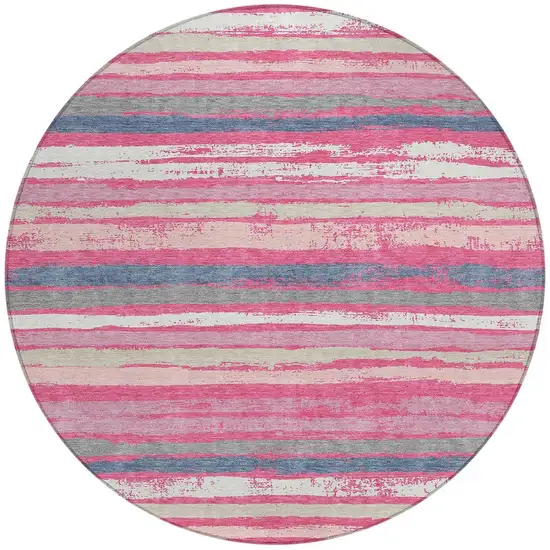 8' Pink Gray And Green Round Striped Washable Indoor Outdoor Area Rug Photo 6