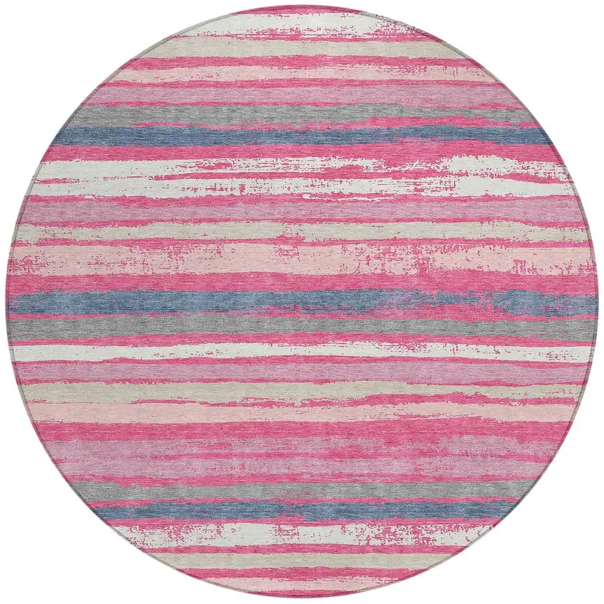 8' Pink Gray And Green Round Striped Washable Indoor Outdoor Area Rug Photo 6