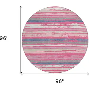 Photo of 8' Pink Gray And Green Round Striped Washable Indoor Outdoor Area Rug
