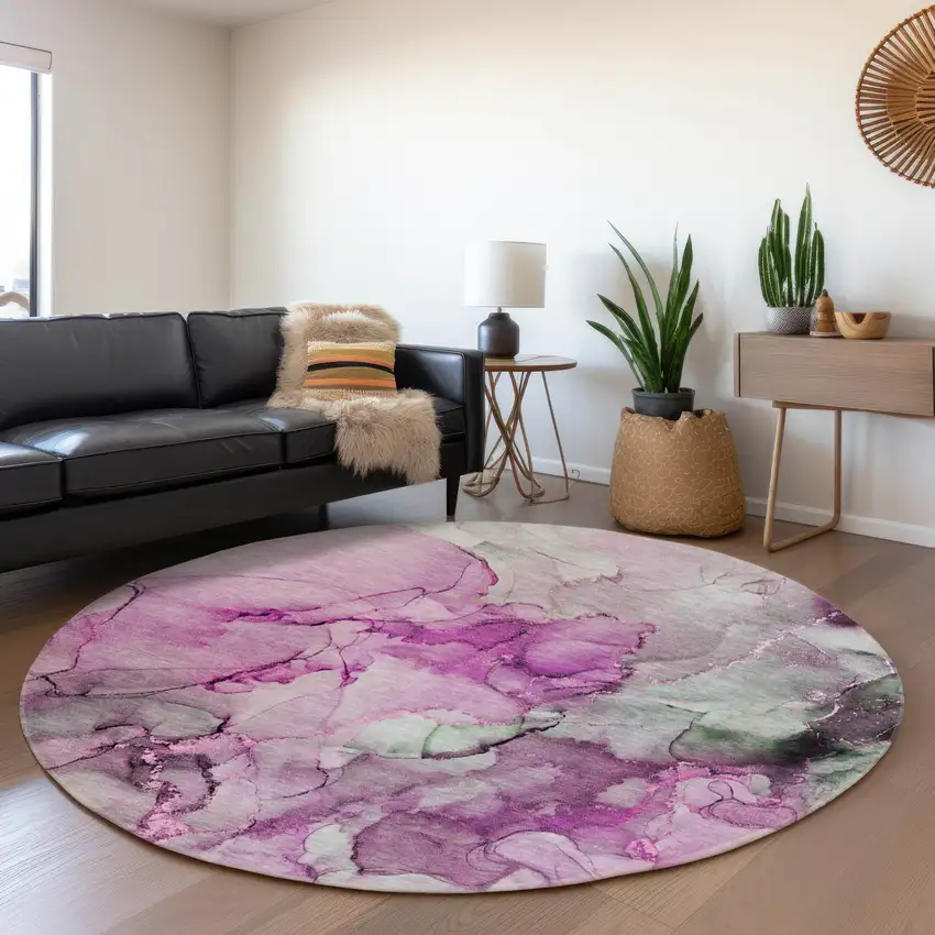 8' Pink Gray And Ivory Abstract Washable Round Rug With UV Protection Photo 5
