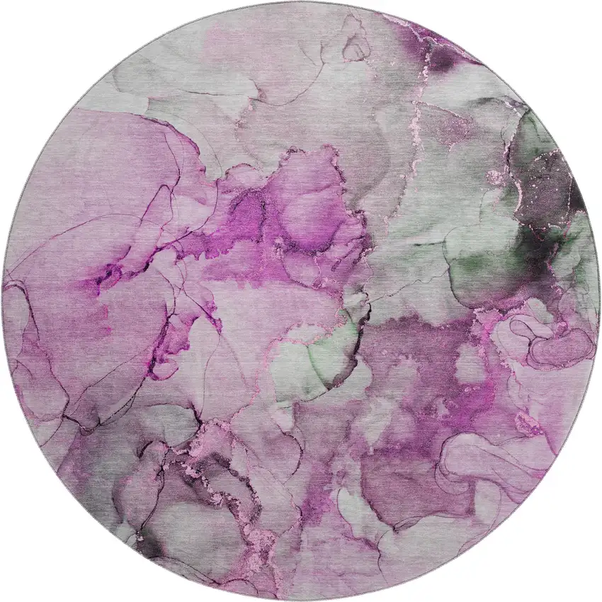 8' Pink Gray And Ivory Abstract Washable Round Rug With UV Protection Photo 1