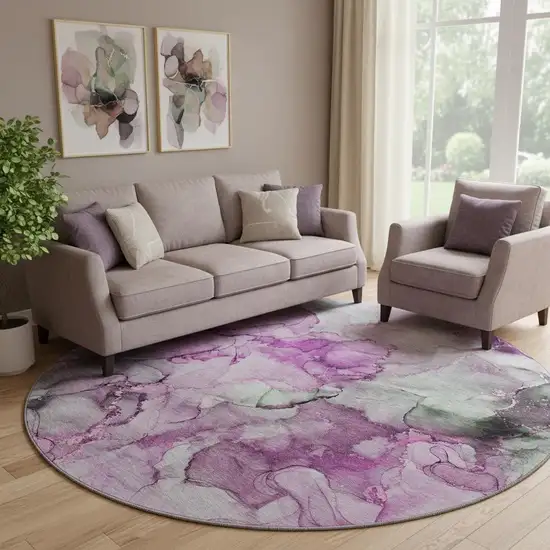 8' Pink Gray And Ivory Abstract Washable Round Rug With UV Protection Photo 1