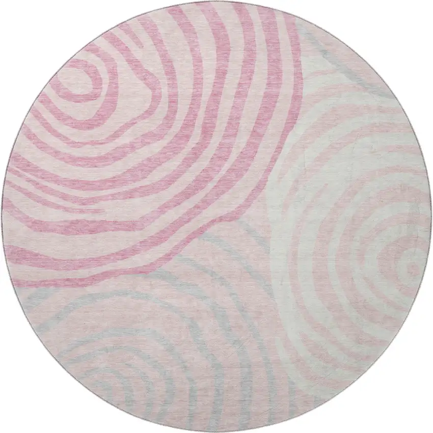 8' Pink Gray And Ivory Abstract Washable Round Rug With UV Protection Photo 4