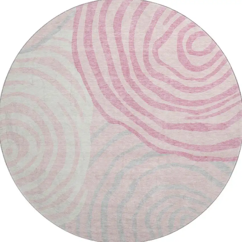 8' Pink Gray And Ivory Abstract Washable Round Rug With UV Protection Photo 4