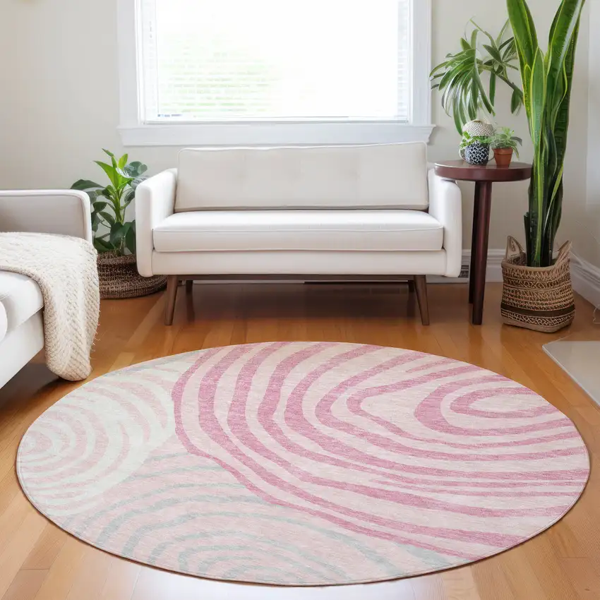 8' Pink Gray And Ivory Abstract Washable Round Rug With UV Protection Photo 5