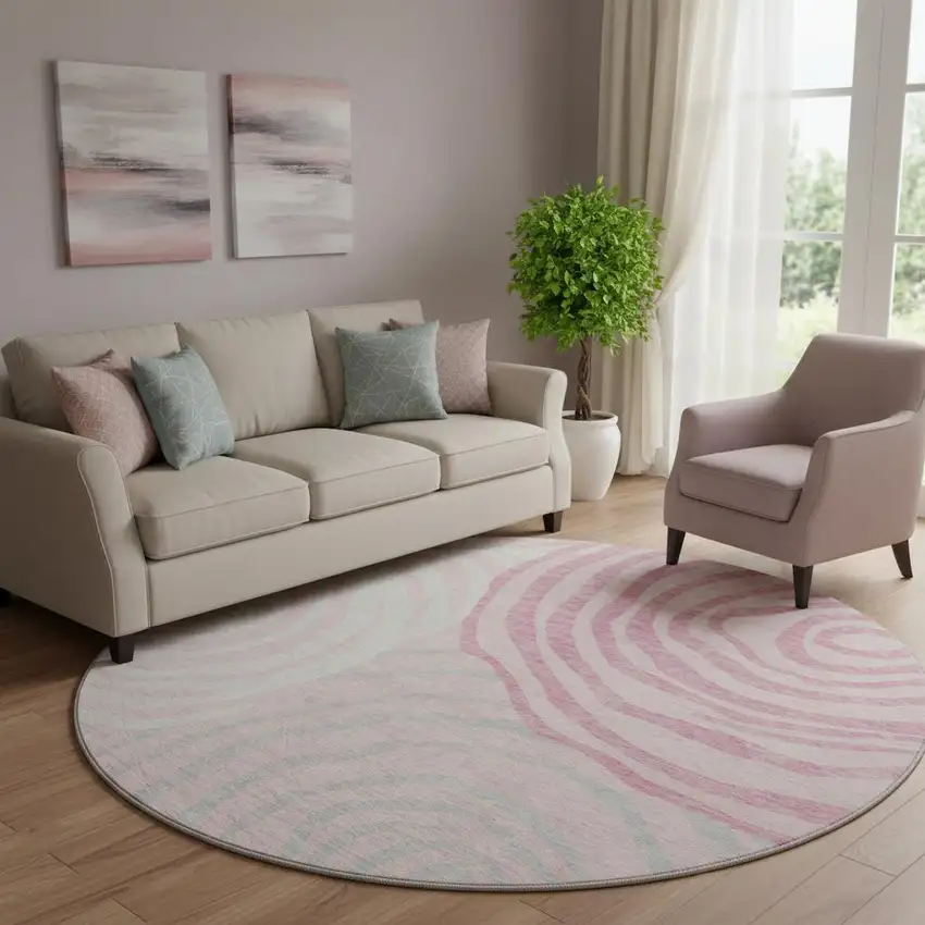 8' Pink Gray And Ivory Abstract Washable Round Rug With UV Protection Photo 1