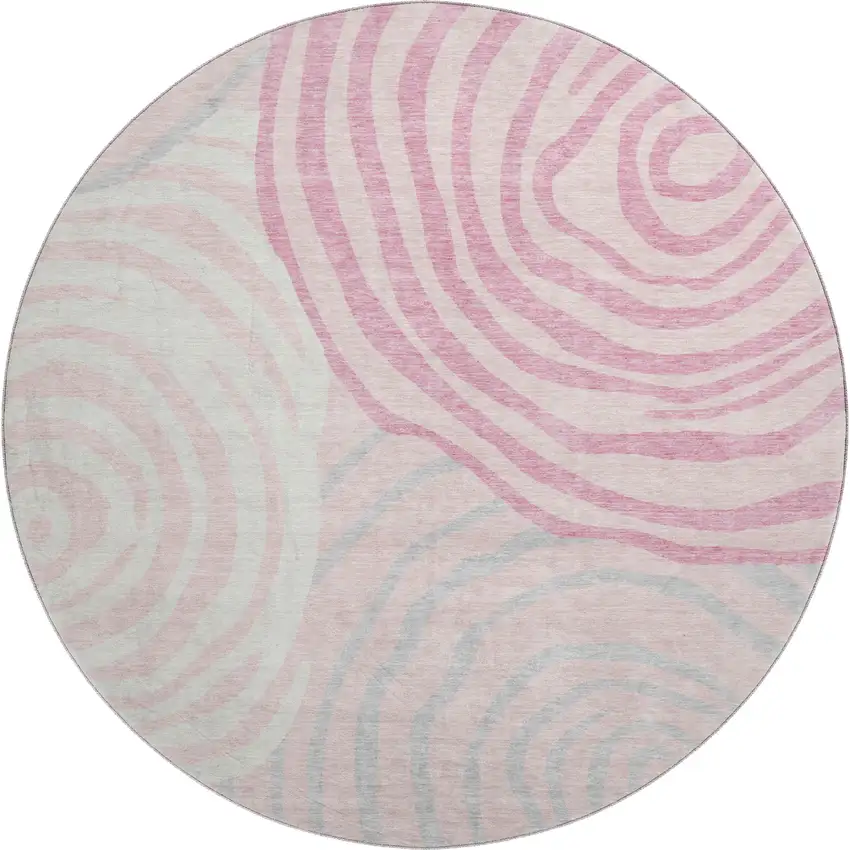 8' Pink Gray And Ivory Abstract Washable Round Rug With UV Protection Photo 1