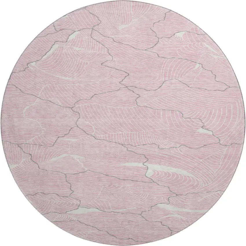 8' Pink Gray And Ivory Abstract Washable Round Rug With UV Protection Photo 1