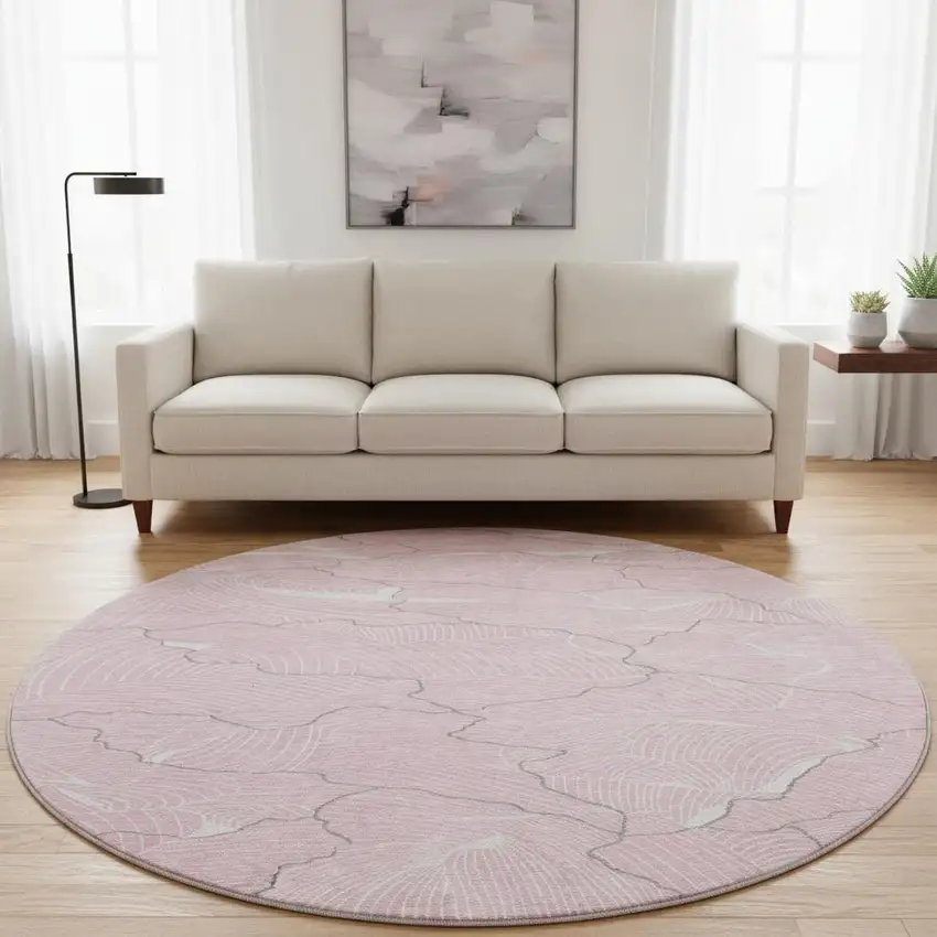 8' Pink Gray And Ivory Abstract Washable Round Rug With UV Protection Photo 2