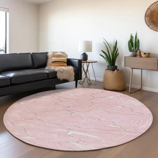 8' Pink Gray And Ivory Abstract Washable Round Rug With UV Protection Photo 4
