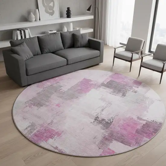 8' Pink Gray And Ivory Abstract Washable Round Rug With UV Protection Photo 2