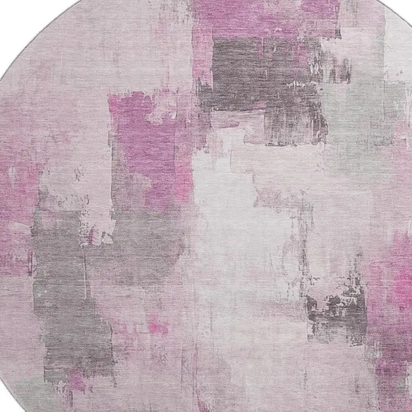 8' Pink Gray And Ivory Abstract Washable Round Rug With UV Protection Photo 3