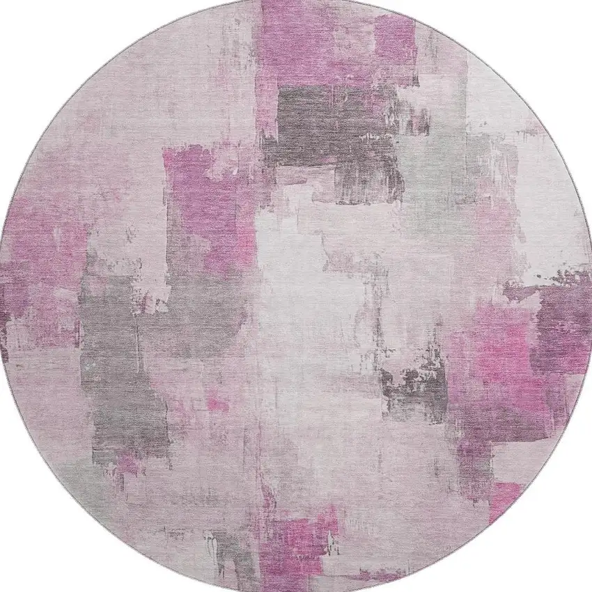 8' Pink Gray And Ivory Abstract Washable Round Rug With UV Protection Photo 4