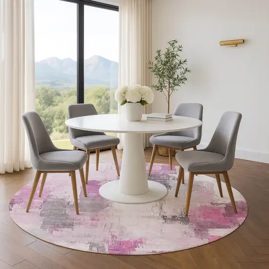 8' Pink Gray And Ivory Abstract Washable Round Rug With UV Protection Photo 5