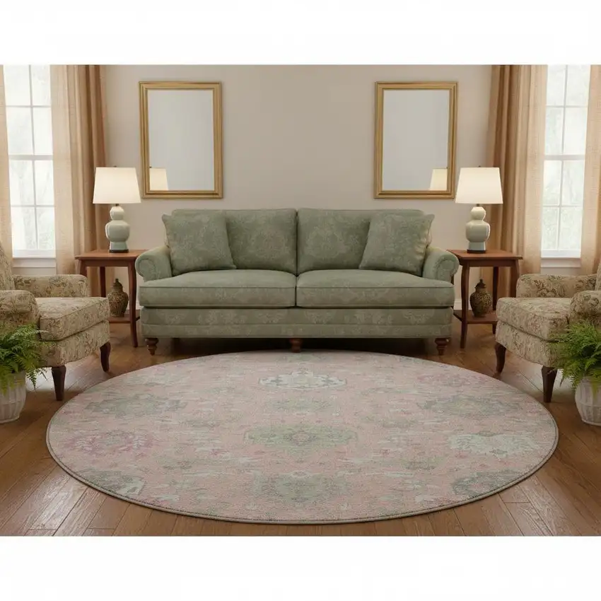 8' Pink Gray And Ivory Damask Washable Round Rug With UV Protection Photo 2