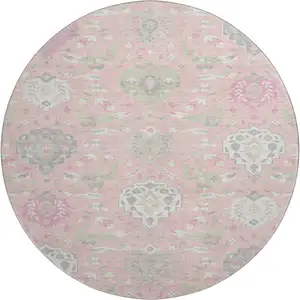Photo of 8' Pink Gray And Ivory Damask Washable Round Rug With UV Protection