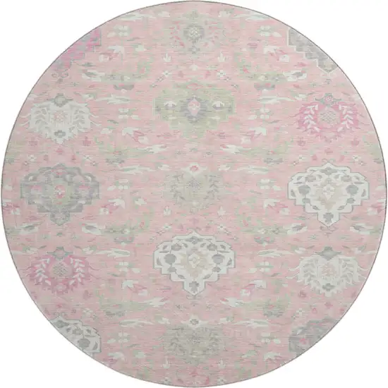 8' Pink Gray And Ivory Damask Washable Round Rug With UV Protection Photo 1