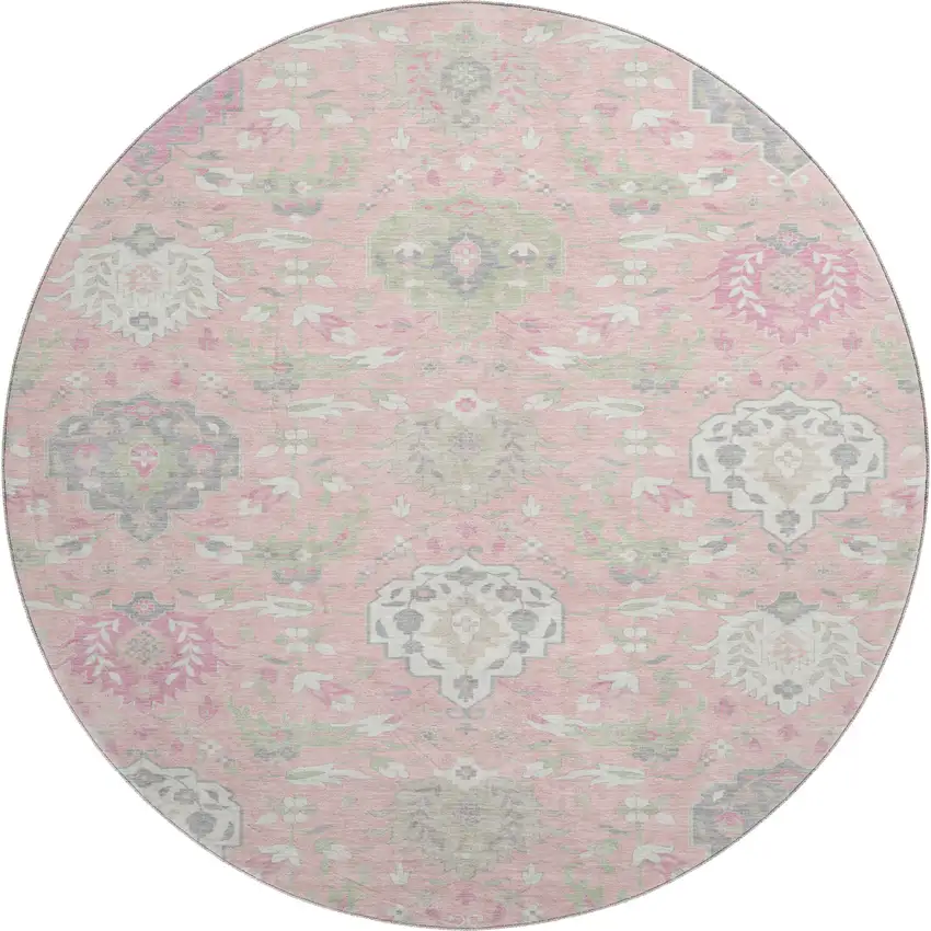 8' Pink Gray And Ivory Damask Washable Round Rug With UV Protection Photo 1