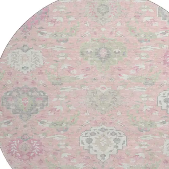 8' Pink Gray And Ivory Damask Washable Round Rug With UV Protection Photo 2
