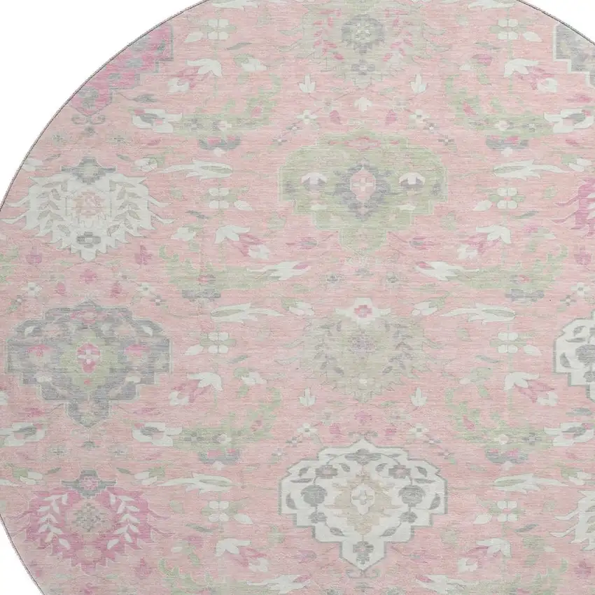 8' Pink Gray And Ivory Damask Washable Round Rug With UV Protection Photo 2