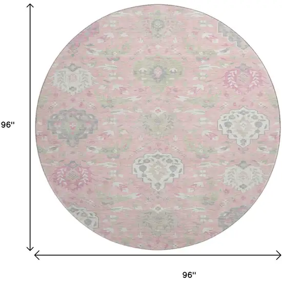 8' Pink Gray And Ivory Damask Washable Round Rug With UV Protection Photo 9