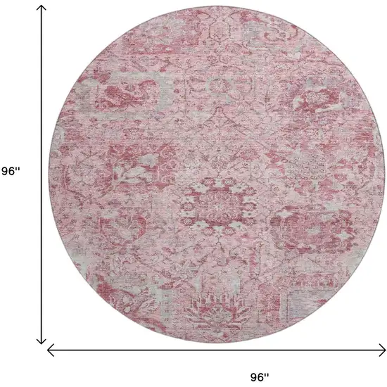 8' Pink Gray And Ivory Damask Washable Round Rug With UV Protection Photo 9