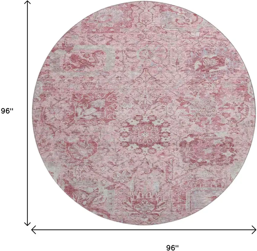 8' Pink Gray And Ivory Damask Washable Round Rug With UV Protection Photo 9