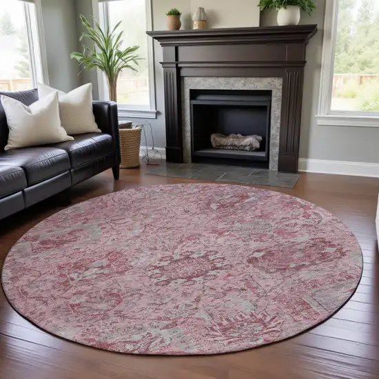 8' Pink Gray And Ivory Damask Washable Round Rug With UV Protection Photo 4