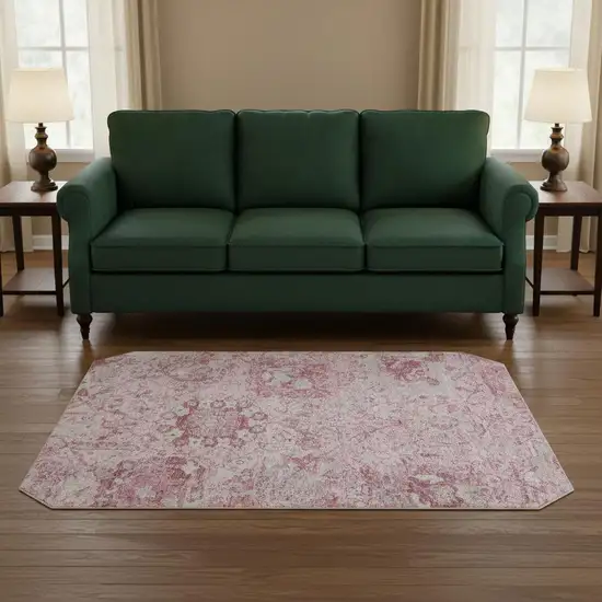 8' Pink Gray And Ivory Damask Washable Round Rug With UV Protection Photo 2