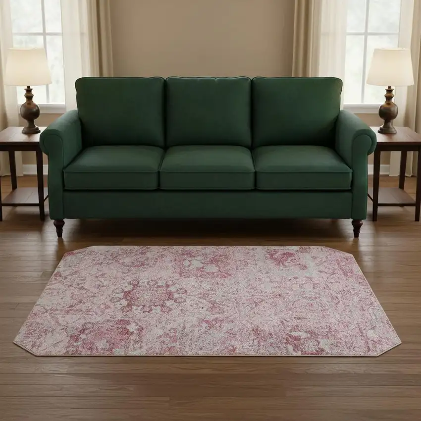 8' Pink Gray And Ivory Damask Washable Round Rug With UV Protection Photo 2