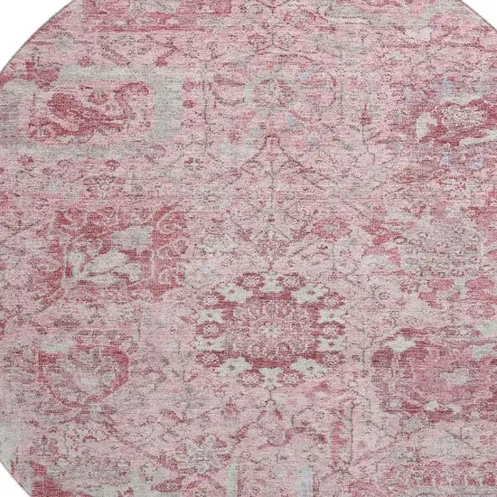 8' Pink Gray And Ivory Damask Washable Round Rug With UV Protection Photo 2